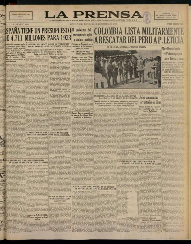 Miniatura de La Prensa: único diario español e hispano americano en Nueva York del 29 de diciembre de 1932, nº 4968
