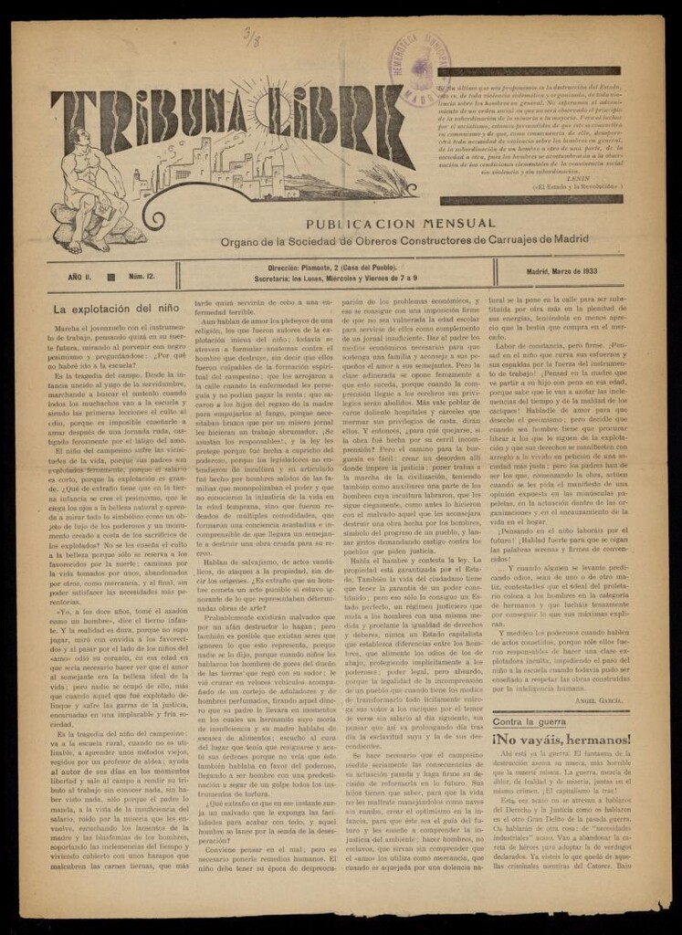 Miniatura de Tribuna Libre de marzo de 1933. Número 12