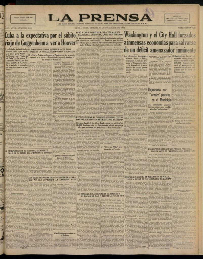 Miniatura de La Prensa: único diario español e hispano americano en Nueva York del 30 de diciembre de 1932, nº 4969