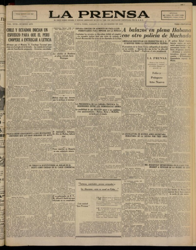 Miniatura de La Prensa: único diario español e hispano americano en Nueva York del 31 de diciembre de 1932, nº 4970