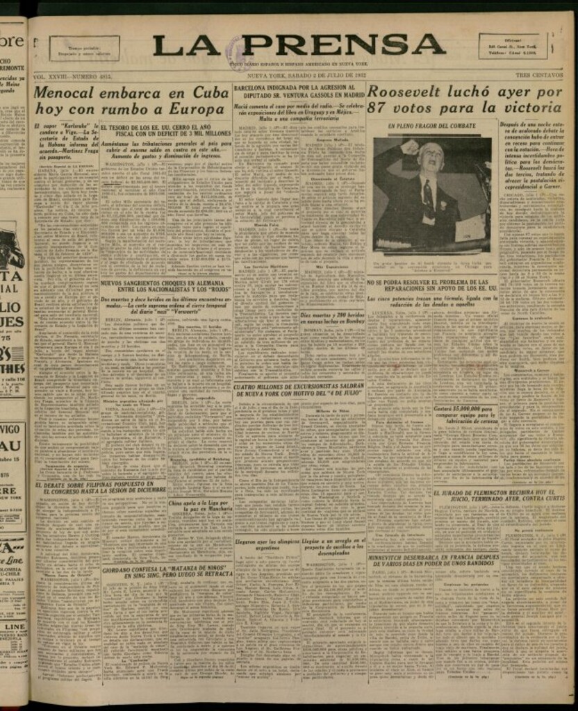 Miniatura de La Prensa: único diario español e hispano americano en Nueva York del 2 de julio de 1932, nº 4815