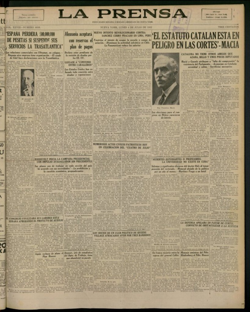 Miniatura de La Prensa: único diario español e hispano americano en Nueva York del 4 de julio de 1932, nº 4816