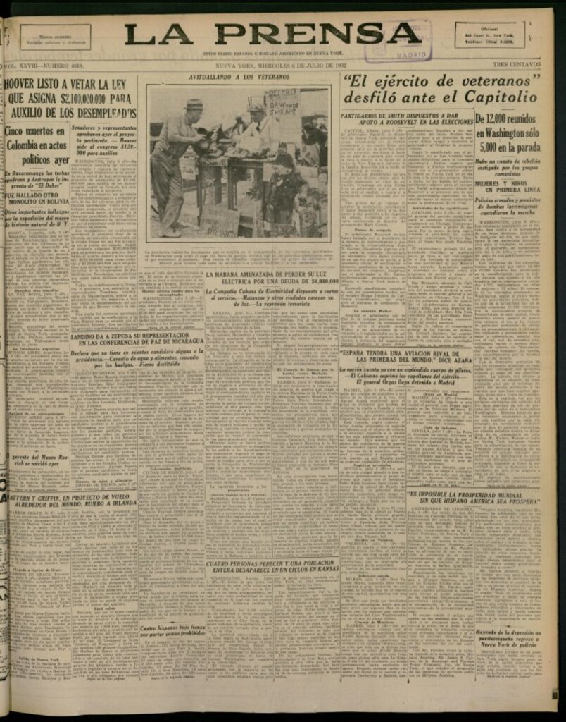 Miniatura de La Prensa: único diario español e hispano americano en Nueva York del 6 de julio de 1932, nº 4818