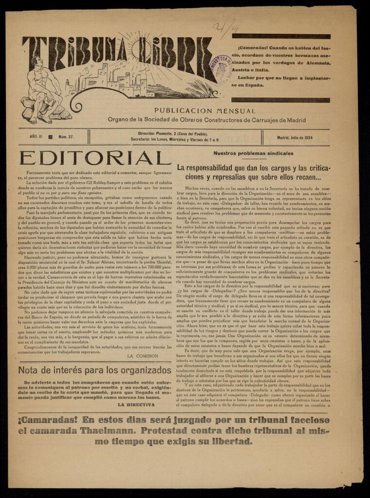 Miniatura de Tribuna Libre de julio de 1934. Número 27