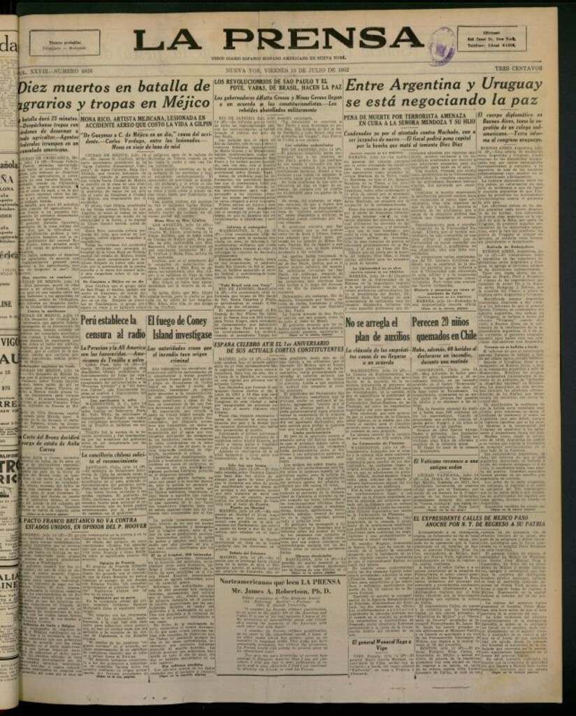 Miniatura de La Prensa: único diario español e hispano americano en Nueva York del 15 de julio de 1932, nº 4826