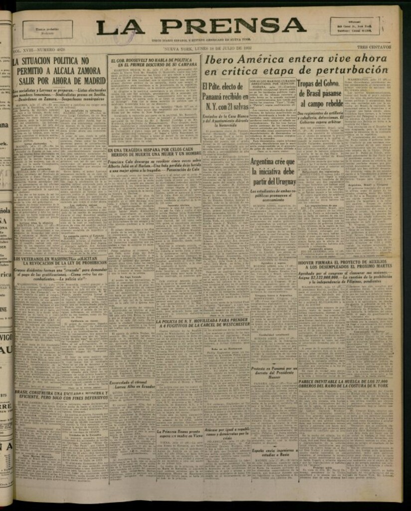 Miniatura de La Prensa: único diario español e hispano americano en Nueva York del 18 de julio de 1932, nº 4828