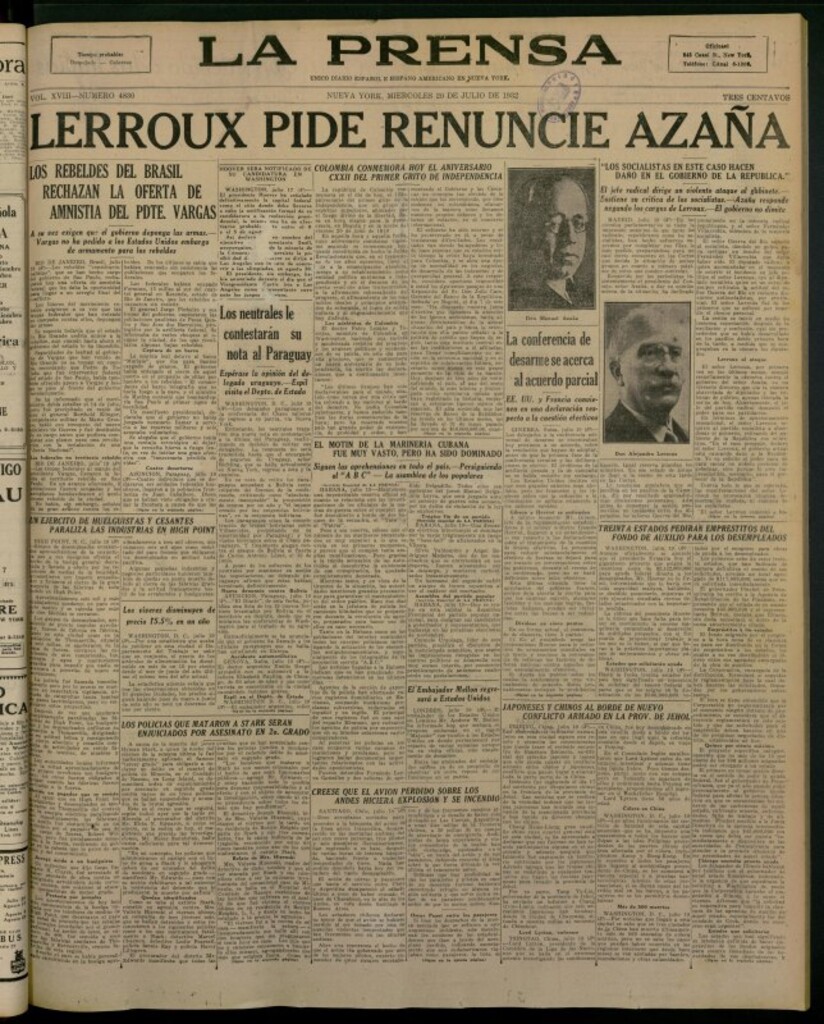 Miniatura de La Prensa: único diario español e hispano americano en Nueva York del 20 de julio de 1932, nº 4830