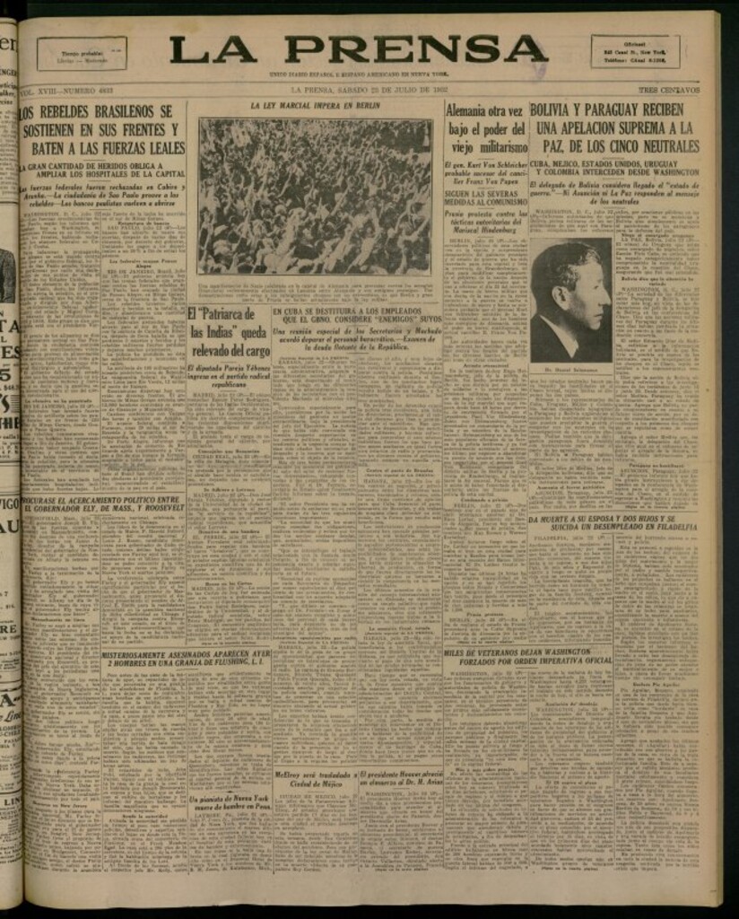Miniatura de La Prensa: único diario español e hispano americano en Nueva York del 23 de julio de 1932, nº 4833
