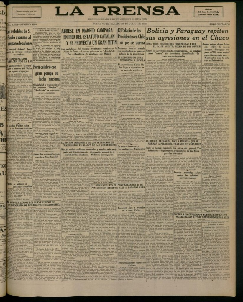 Miniatura de La Prensa: único diario español e hispano americano en Nueva York del 30 de julio de 1932, nº 4839