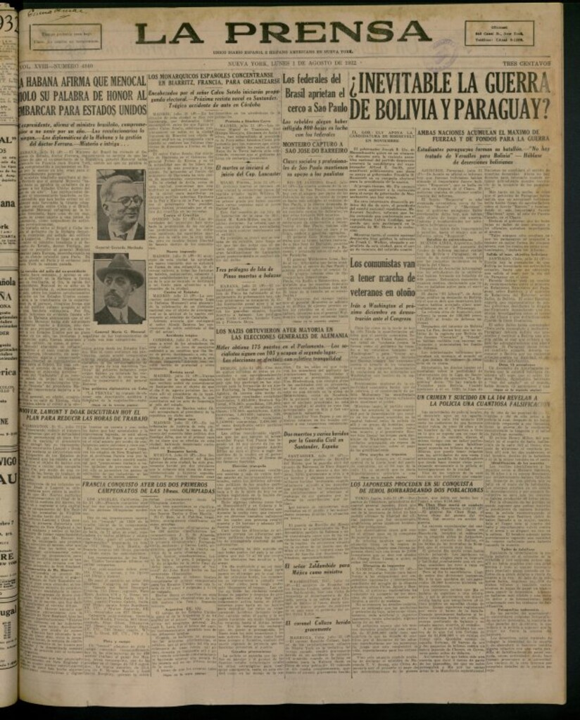 Miniatura de La Prensa: único diario español e hispano americano en Nueva York del 1 de agosto de 1932, nº 4840