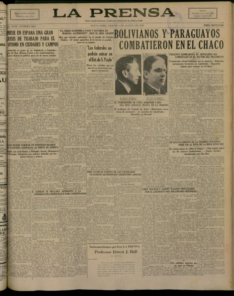 Miniatura de La Prensa: único diario español e hispano americano en Nueva York del 5 de agosto de 1932, nº 4844