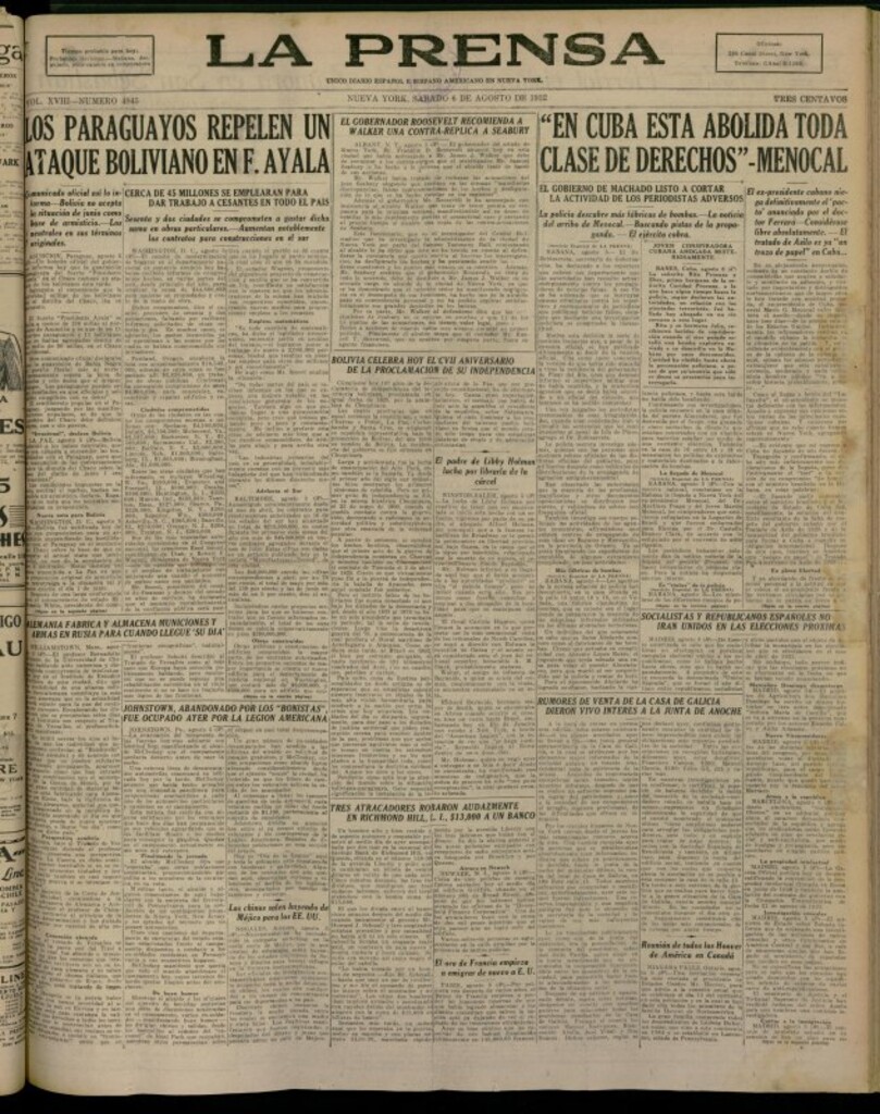 Miniatura de La Prensa: único diario español e hispano americano en Nueva York del 6 de agosto de 1932, nº 4845