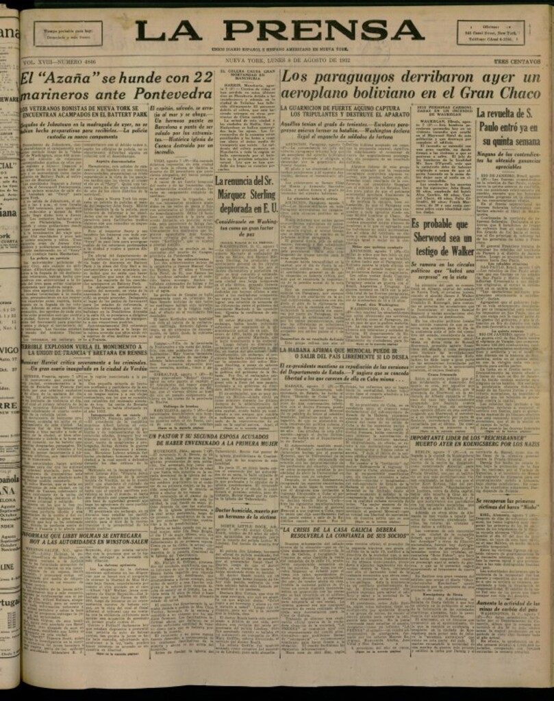 Miniatura de La Prensa: único diario español e hispano americano en Nueva York del 8 de agosto de 1932, nº 4846