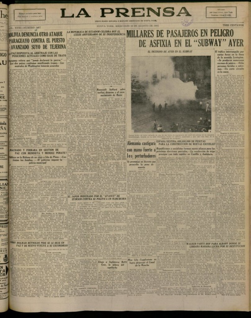 Miniatura de La Prensa: único diario español e hispano americano en Nueva York del 10 de agosto de 1932, nº 4847