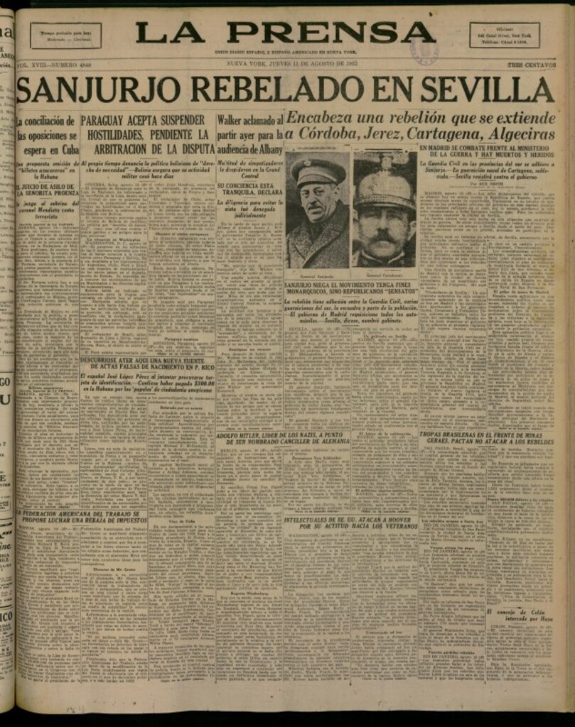 Miniatura de La Prensa: único diario español e hispano americano en Nueva York del 11 de agosto de 1932, nº 4848