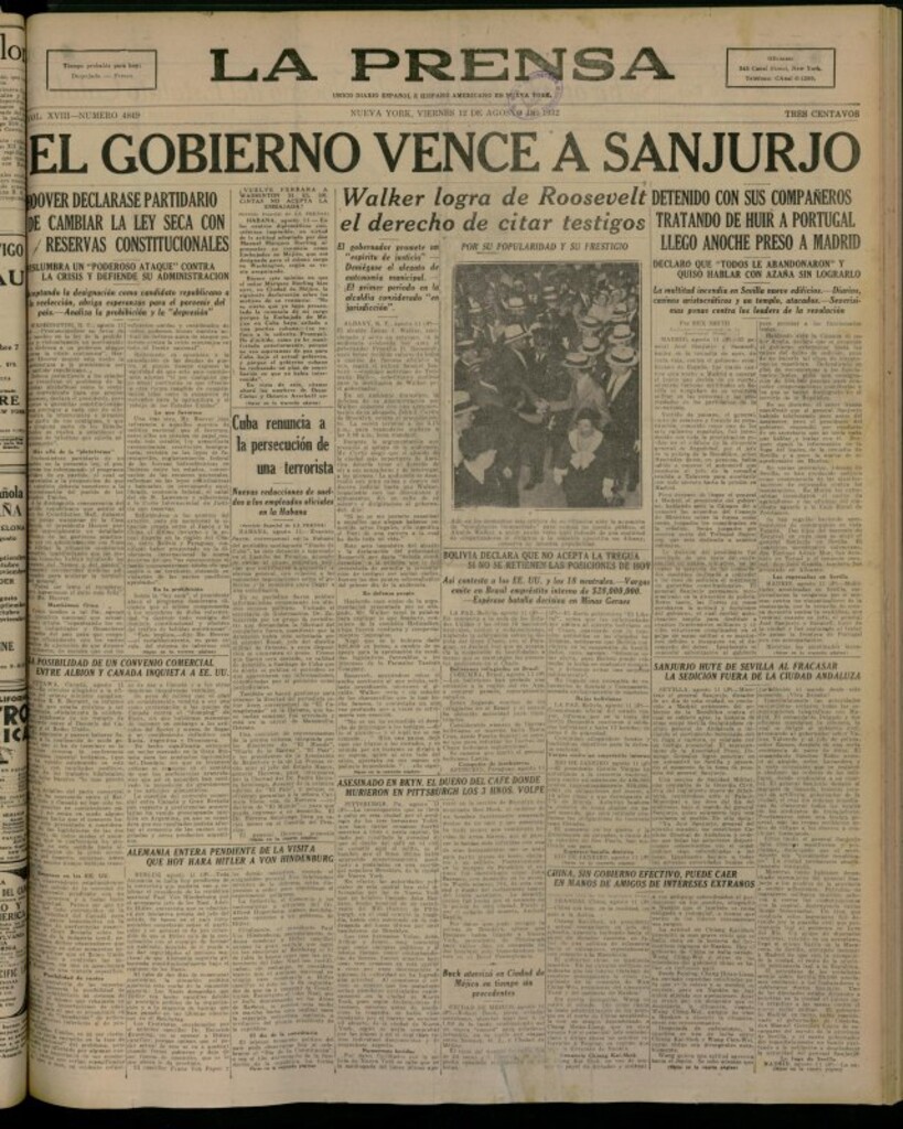 Miniatura de La Prensa: único diario español e hispano americano en Nueva York del 12 de agosto de 1932, nº 4849