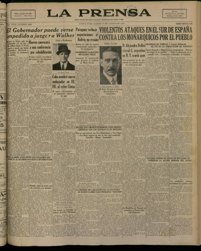 Miniatura de La Prensa: único diario español e hispano americano en Nueva York del 13 de agosto de 1932, nº 4850