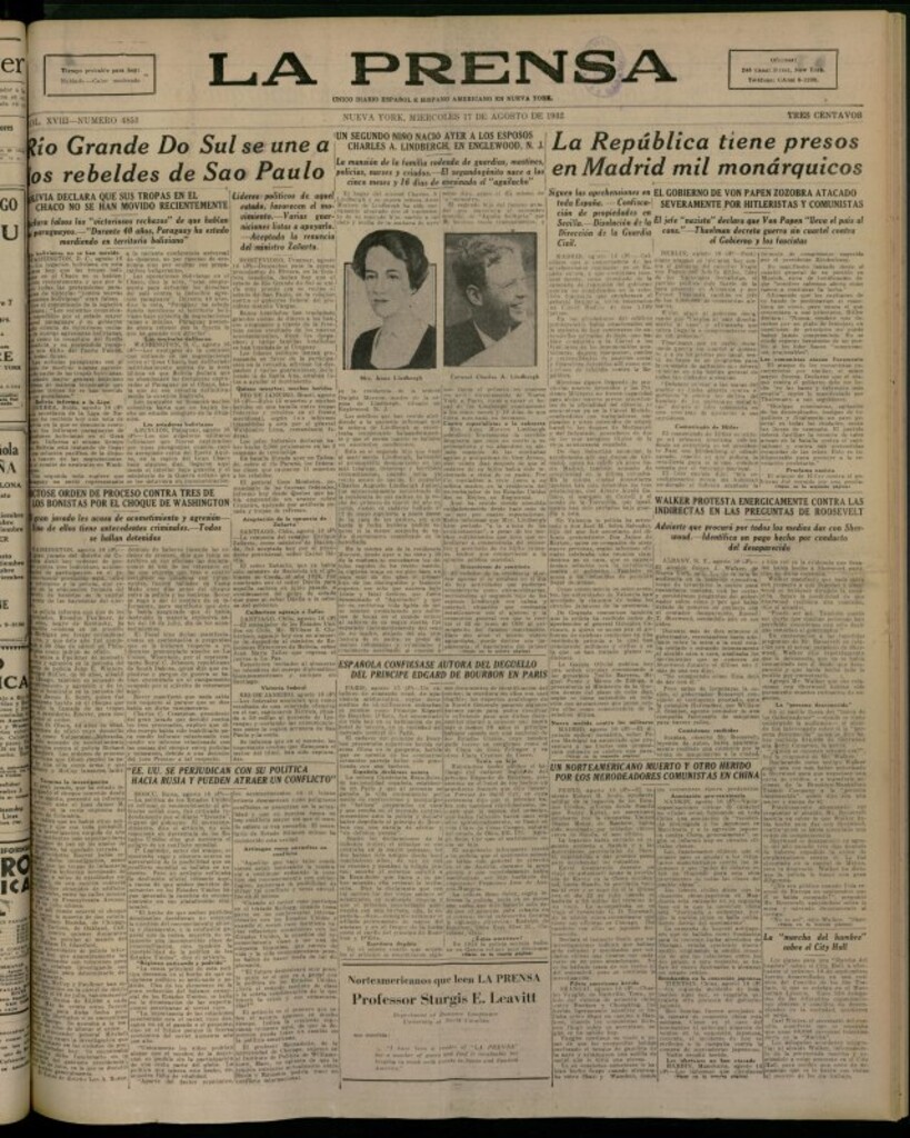 Miniatura de La Prensa: único diario español e hispano americano en Nueva York del 17 de agosto de 1932, nº 4853