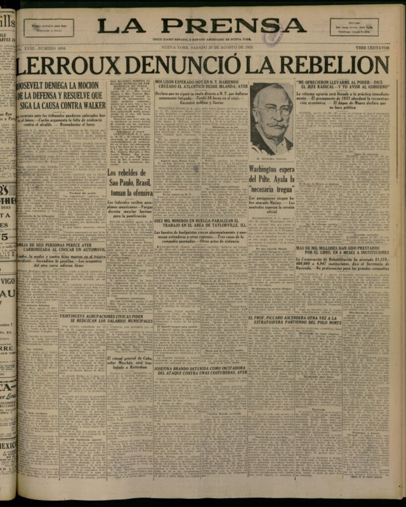 Miniatura de La Prensa: único diario español e hispano americano en Nueva York del 20 de agosto de 1932, nº 4856