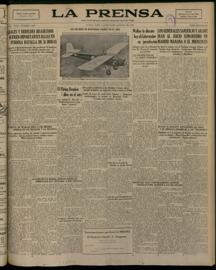 Miniatura de La Prensa: único diario español e hispano americano en Nueva York del 22 de agosto de 1932, nº 4857