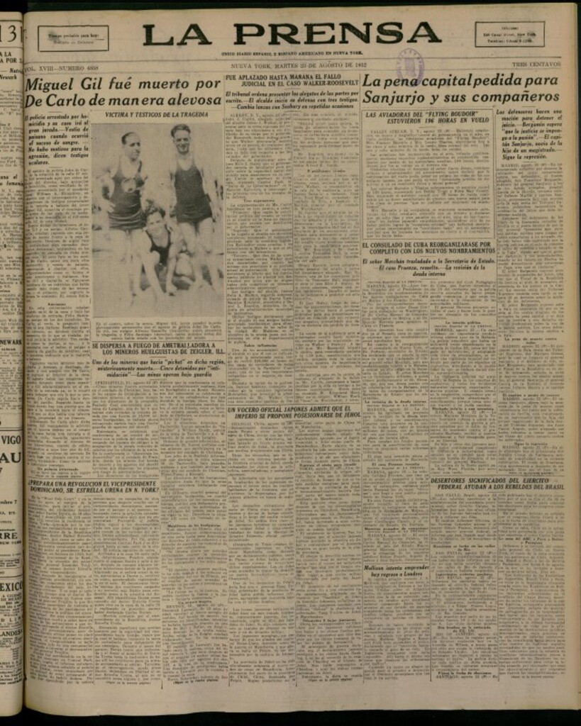 Miniatura de La Prensa: único diario español e hispano americano en Nueva York del 23 de agosto de 1932, nº 4858