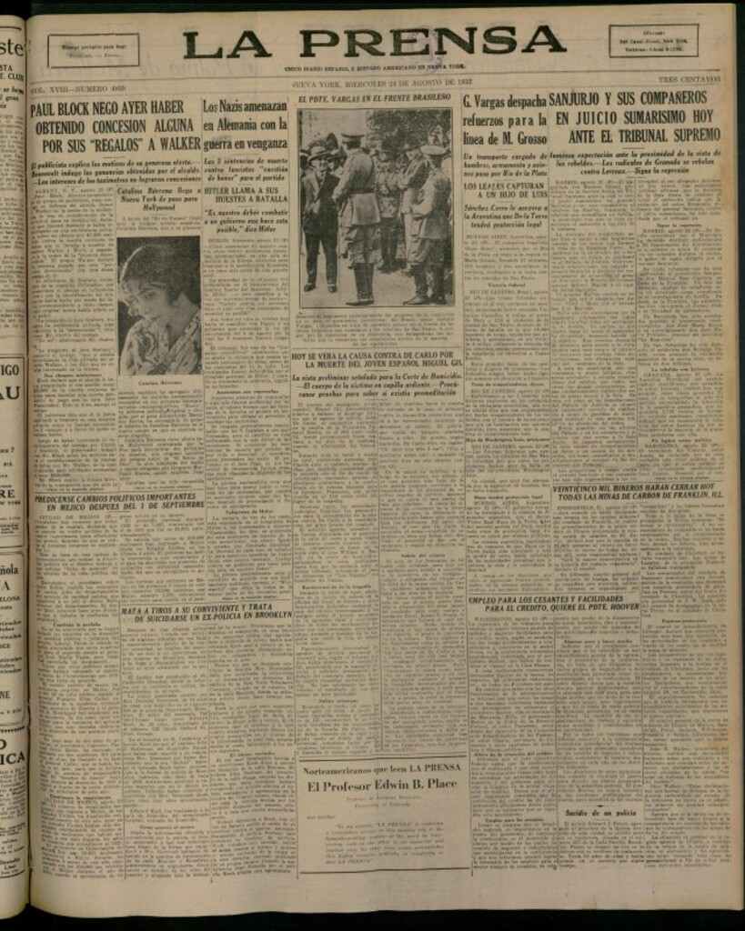 Miniatura de La Prensa: único diario español e hispano americano en Nueva York del 24 de agosto de 1932, nº 4859