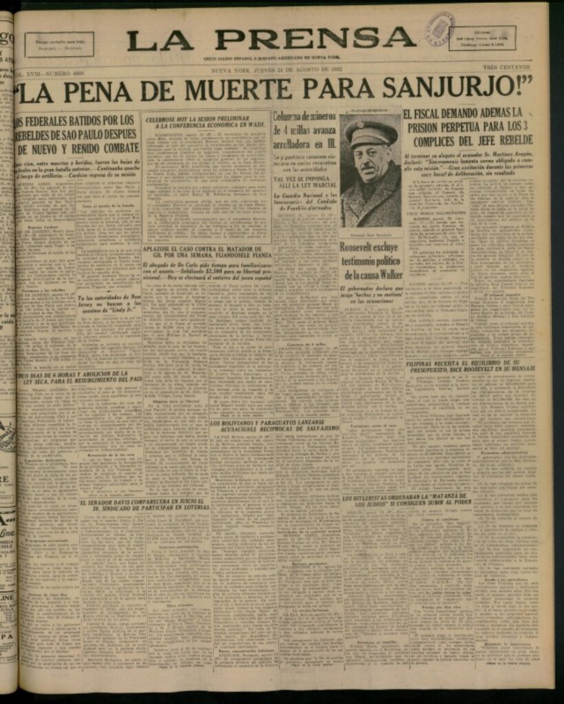 Miniatura de La Prensa: único diario español e hispano americano en Nueva York del 25 de agosto de 1932, nº 4860