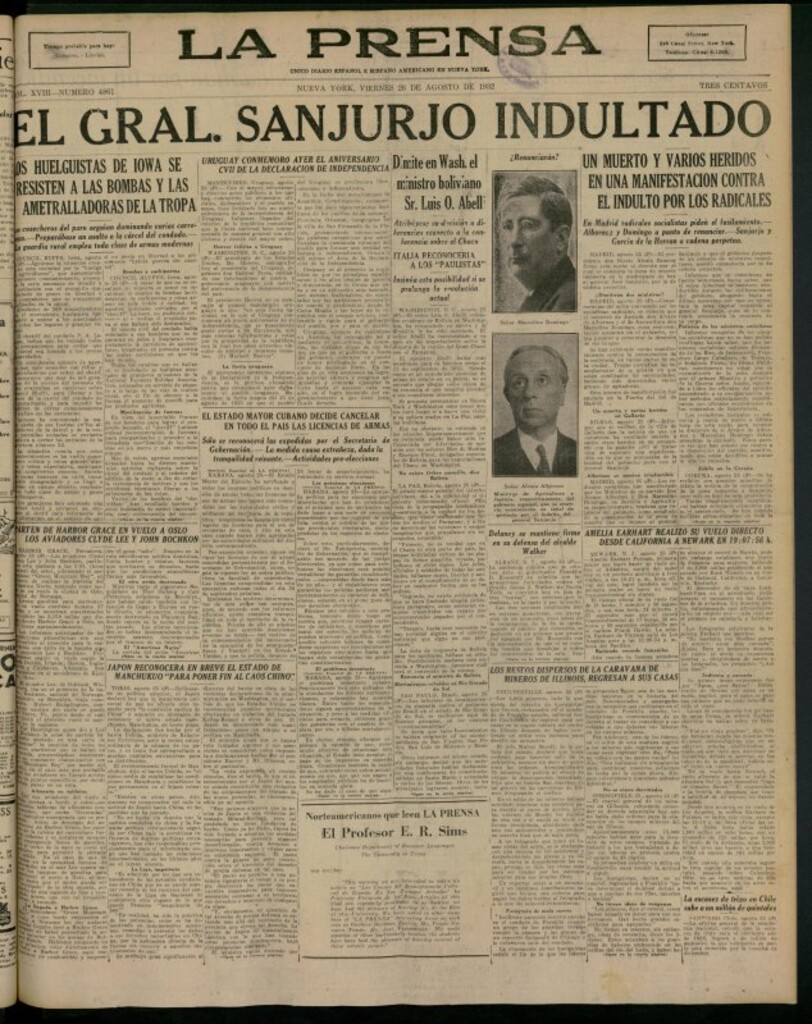 Miniatura de La Prensa: único diario español e hispano americano en Nueva York del 26 de agosto de 1932, nº 4861