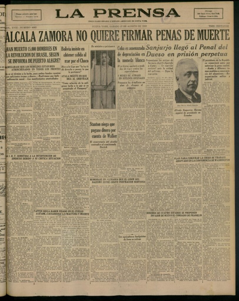 Miniatura de La Prensa: único diario español e hispano americano en Nueva York del 27 de agosto de 1932, nº 4862