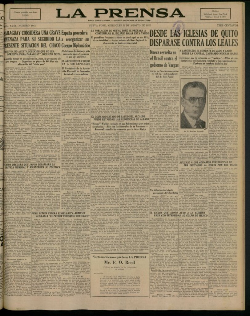 Miniatura de La Prensa: único diario español e hispano americano en Nueva York del 31 de agosto de 1932, nº 4865