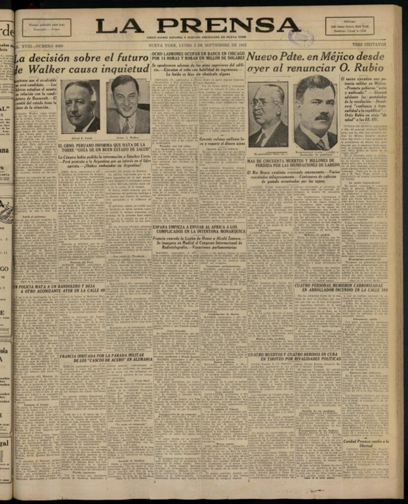 Miniatura de La Prensa: único diario español e hispano americano en Nueva York del 5 de septiembre de 1932, nº 4869