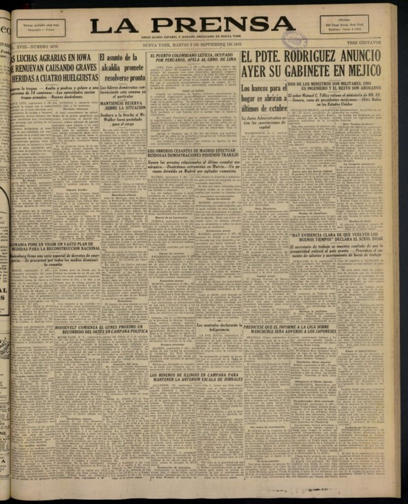 Miniatura de La Prensa: único diario español e hispano americano en Nueva York del 6 de septiembre de 1932, nº 4870