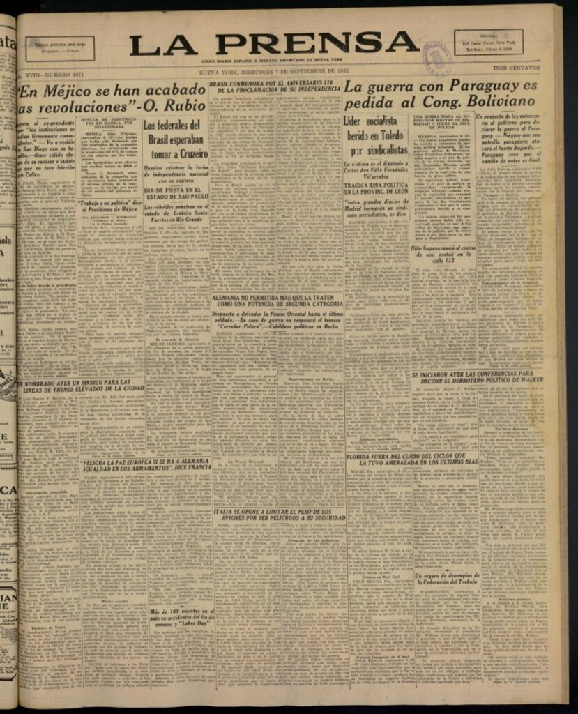 Miniatura de La Prensa: único diario español e hispano americano en Nueva York del 7 de septiembre de 1932, nº 4871