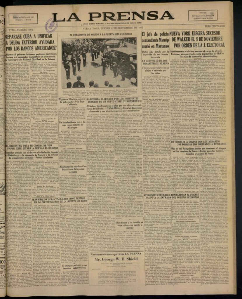 Miniatura de La Prensa: único diario español e hispano americano en Nueva York del 8 de septiembre de 1932, nº 4872