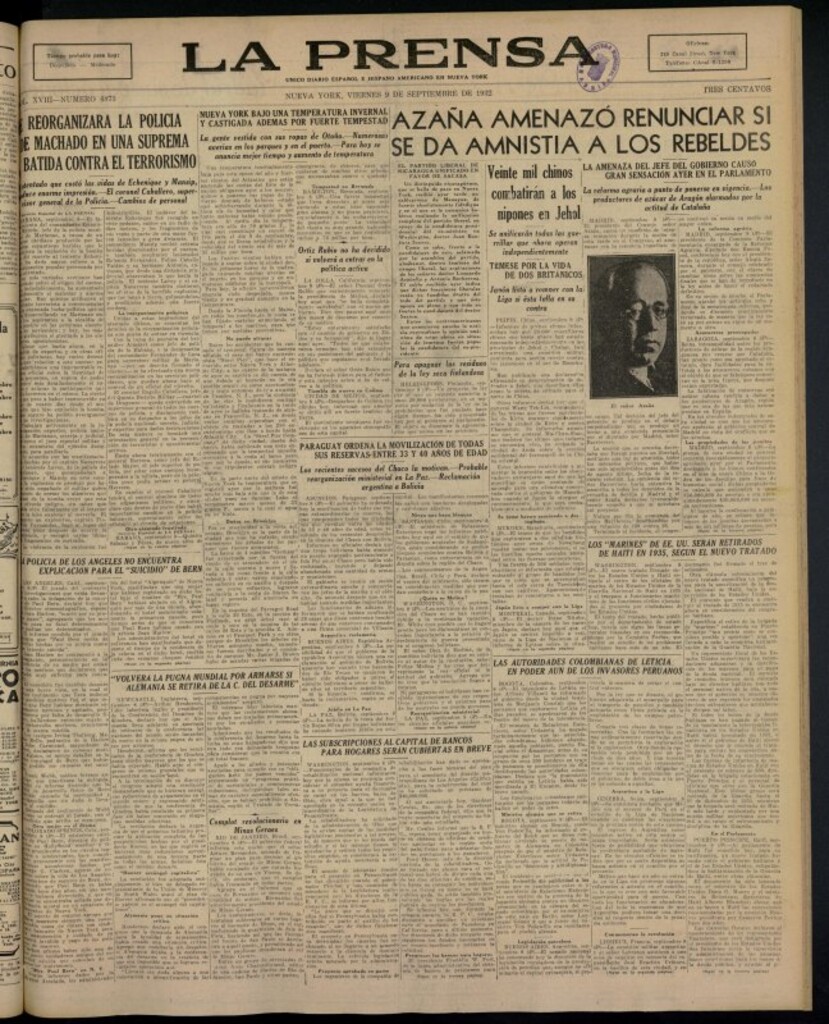 Miniatura de La Prensa: único diario español e hispano americano en Nueva York del 9 de septiembre de 1932, nº 4873