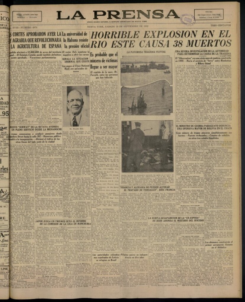Miniatura de La Prensa: único diario español e hispano americano en Nueva York del 10 de septiembre de 1932, nº 4874