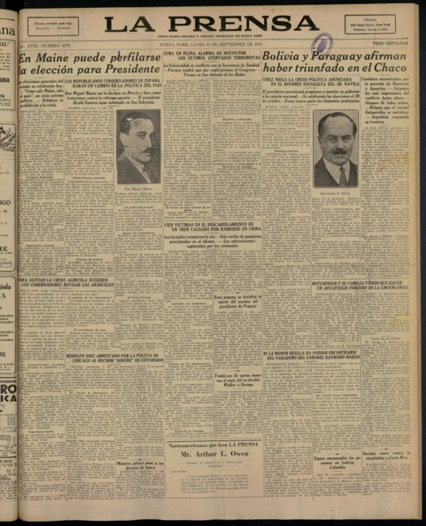 Miniatura de La Prensa: único diario español e hispano americano en Nueva York del 12 de septiembre de 1932, nº 4875