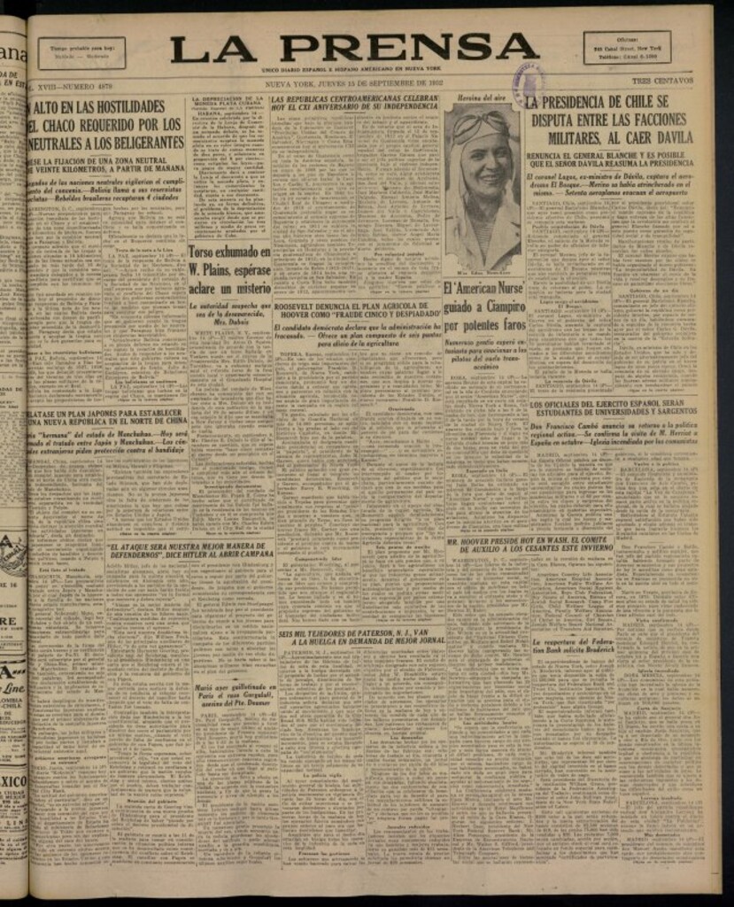 Miniatura de La Prensa: único diario español e hispano americano en Nueva York del 15 de septiembre de 1932, nº 4878