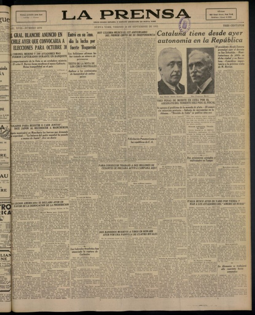 Miniatura de La Prensa: único diario español e hispano americano en Nueva York del 16 de septiembre de 1932, nº 4879