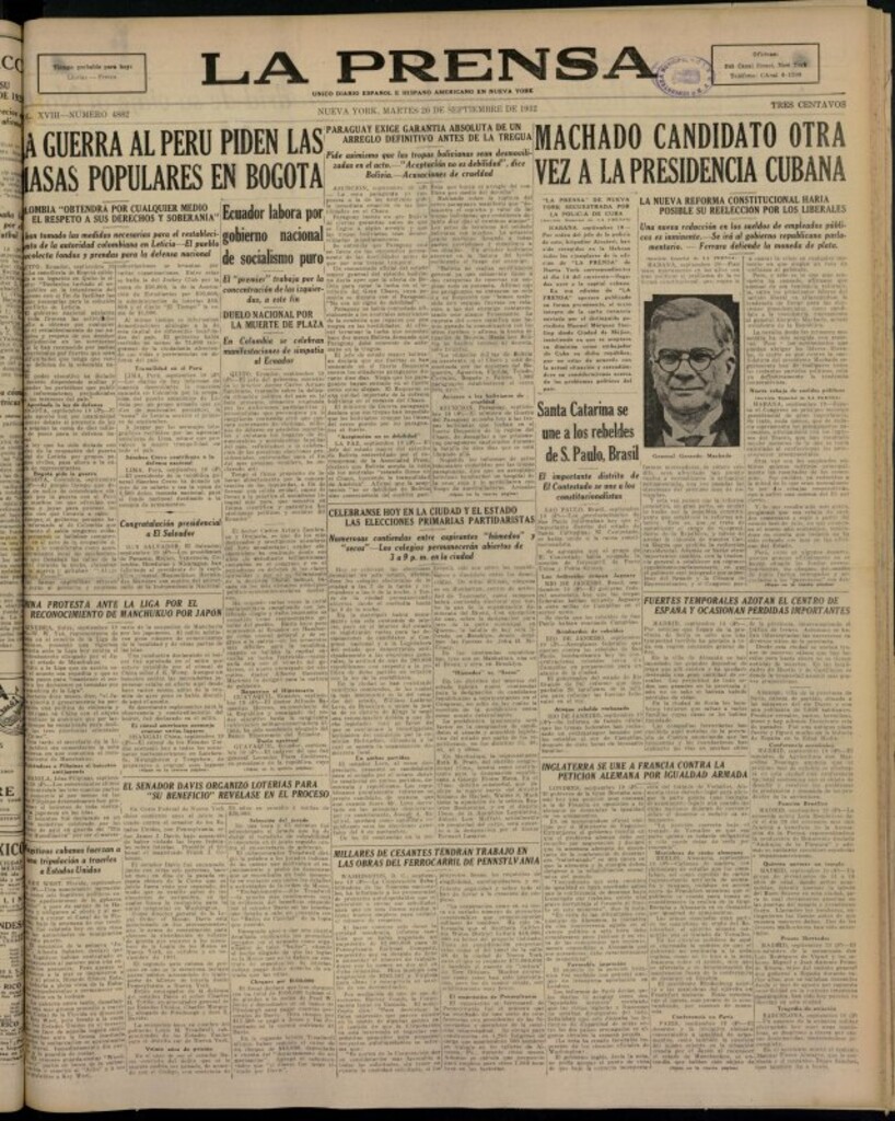 Miniatura de La Prensa: único diario español e hispano americano en Nueva York del 20 de septiembre de 1932, nº 4882