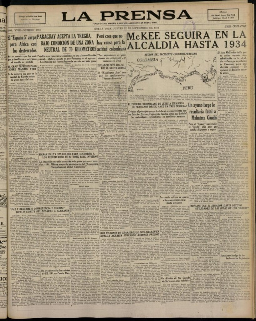 Miniatura de La Prensa: único diario español e hispano americano en Nueva York del 22 de septiembre de 1932, nº 4884