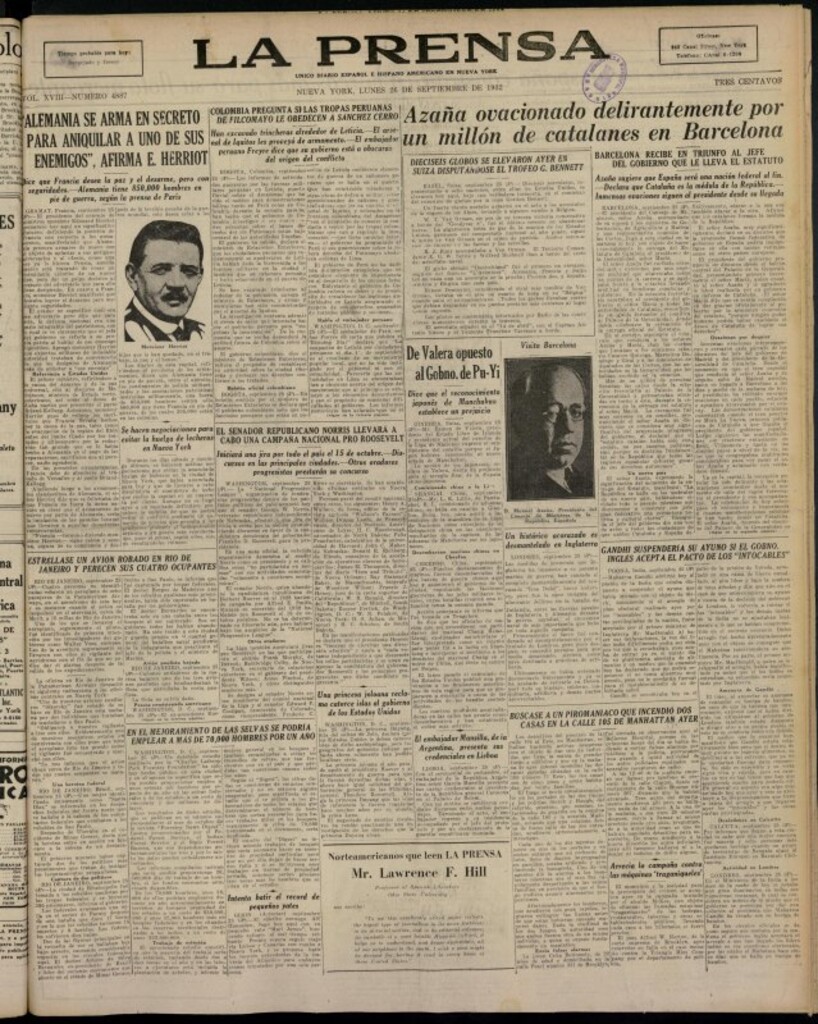 Miniatura de La Prensa: único diario español e hispano americano en Nueva York del 26 de septiembre de 1932, nº 4887