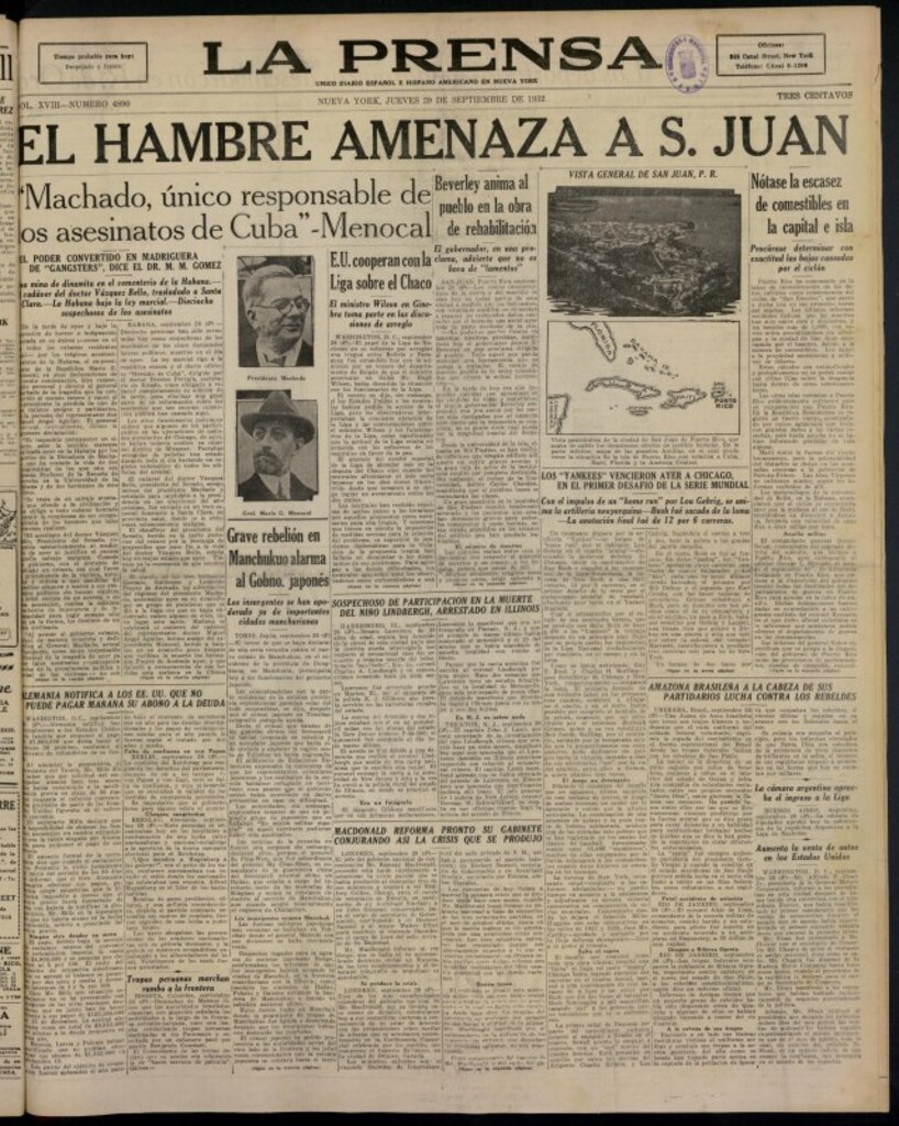 Miniatura de La Prensa: único diario español e hispano americano en Nueva York del 29 de septiembre de 1932, nº 4890