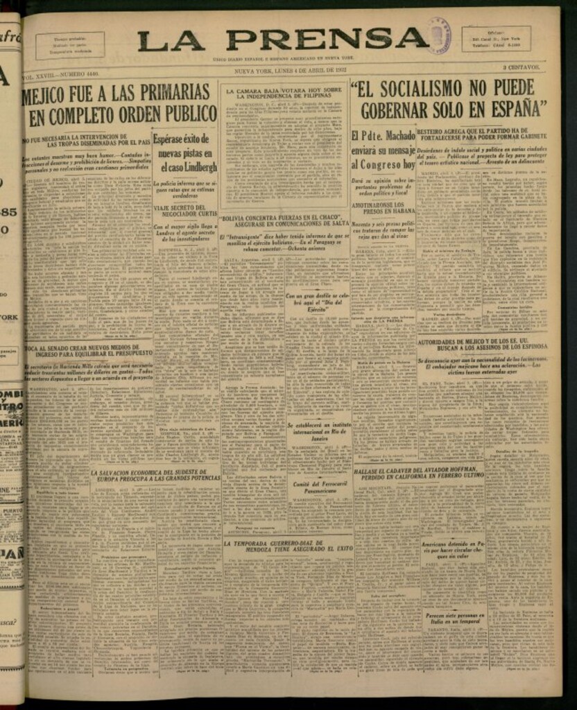 Miniatura de La Prensa: único diario español e hispano americano en Nueva York del 4 de abril de 1932, nº 4440