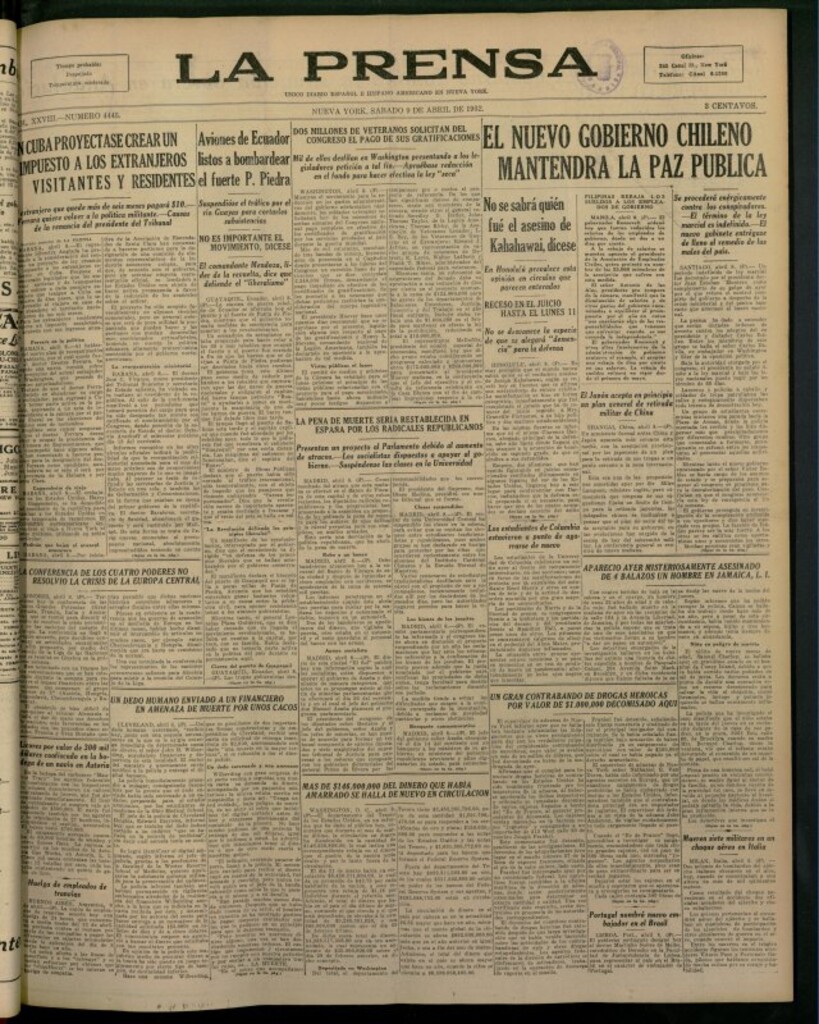 Miniatura de La Prensa: único diario español e hispano americano en Nueva York del 9 de abril de 1932, nº 4445