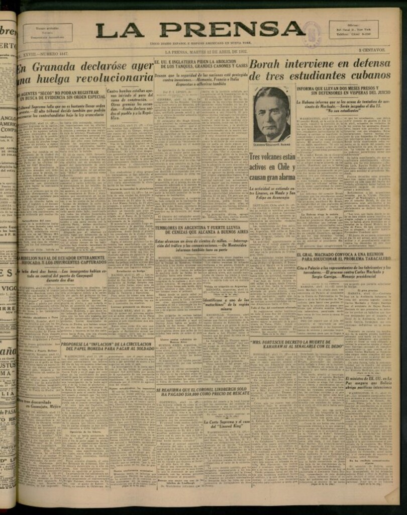 Miniatura de La Prensa: único diario español e hispano americano en Nueva York del 12 de abril de 1932, nº 4447