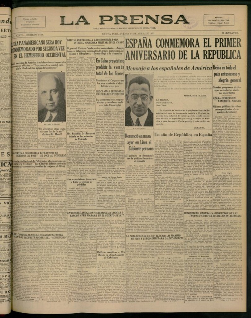 Miniatura de La Prensa: único diario español e hispano americano en Nueva York del 14 de abril de 1932, nº 4449