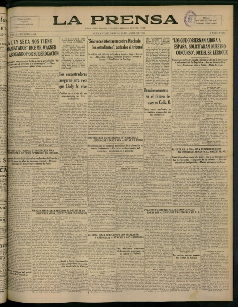 Miniatura de La Prensa: único diario español e hispano americano en Nueva York del 16 de abril de 1932, nº 4451