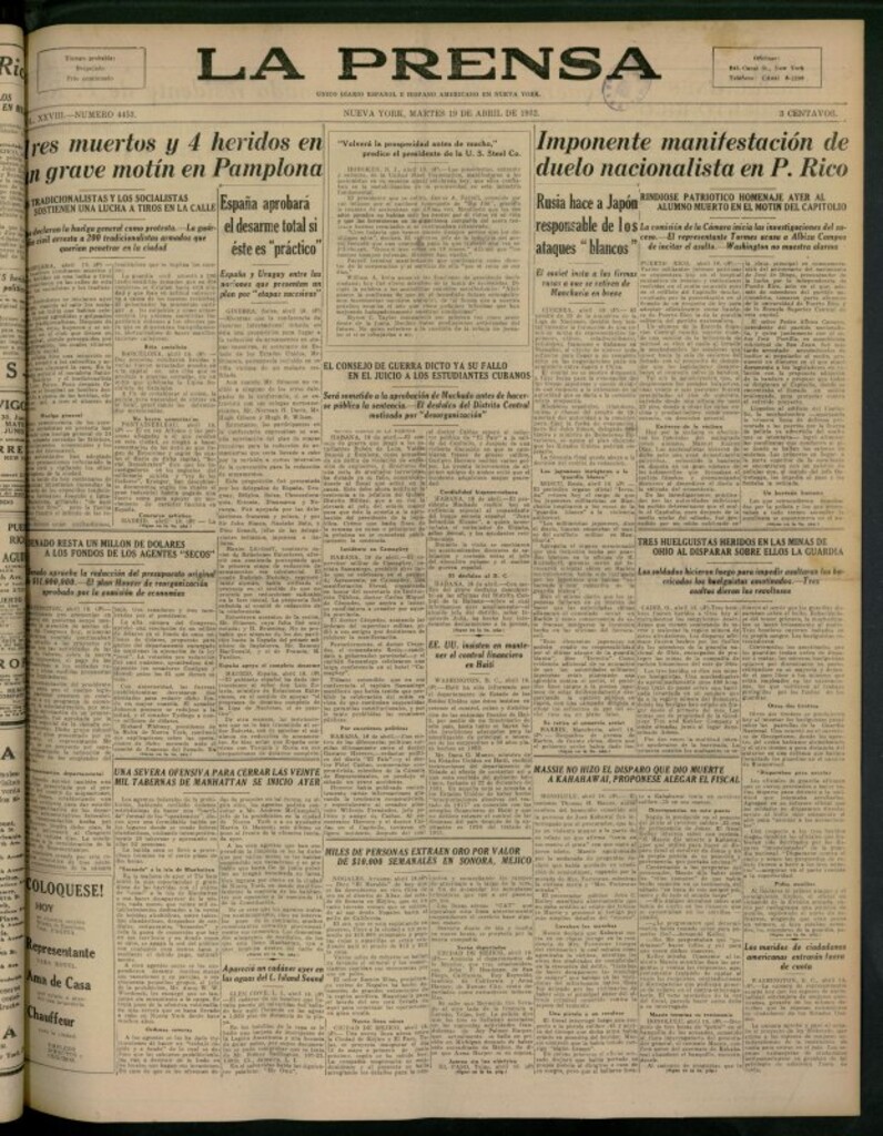Miniatura de La Prensa: único diario español e hispano americano en Nueva York del 19 de abril de 1932, nº 4453