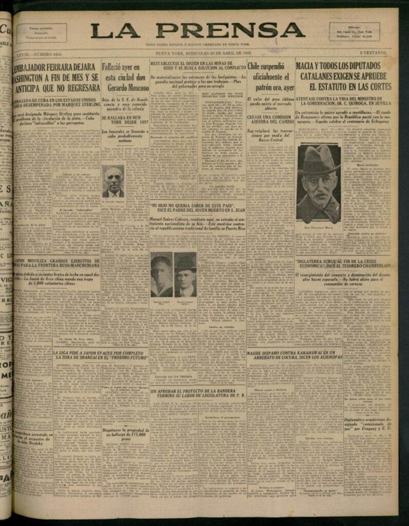 Miniatura de La Prensa: único diario español e hispano americano en Nueva York del 20 de abril de 1932, nº 4454